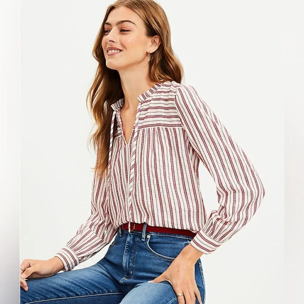 Loft Striped Ruffle Blouse